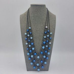 Necklace Blue Glass Beads Tripple Strand Gun Metal Gray Chain Satellite Beads Bi